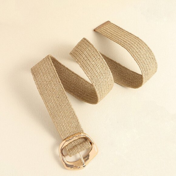 2/$30 Wide Woven Straw Belt Gold Tone Buckle Waist Cincher For Tunic Dress Coat - Picture 8 of 11